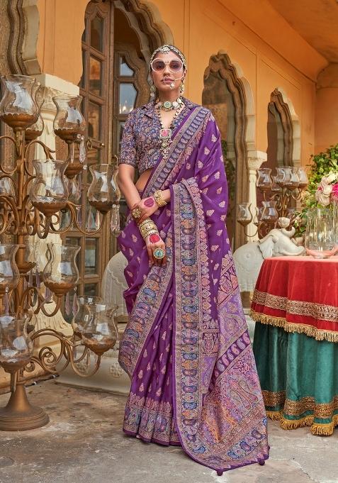 Purple Printed Silk Saree Set
