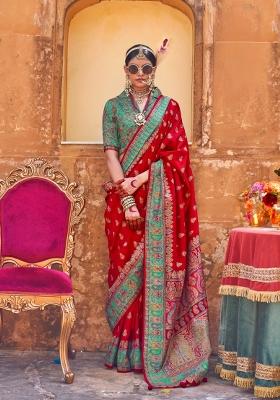 Red Printed Silk Saree Set