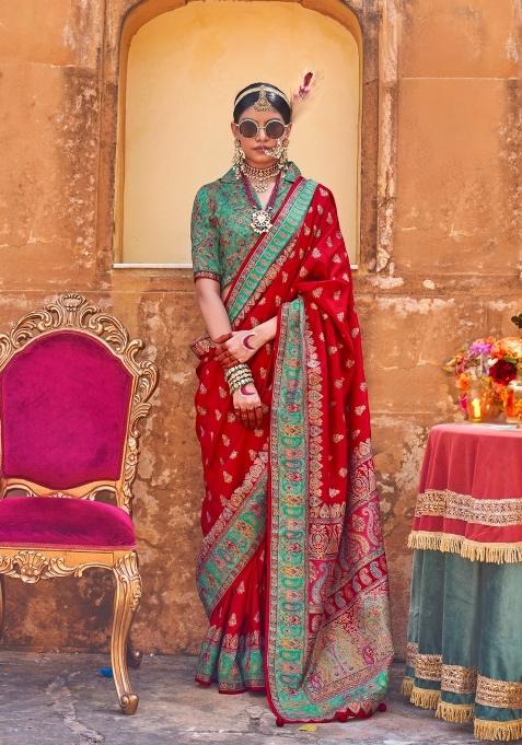 Red Printed Silk Saree Set
