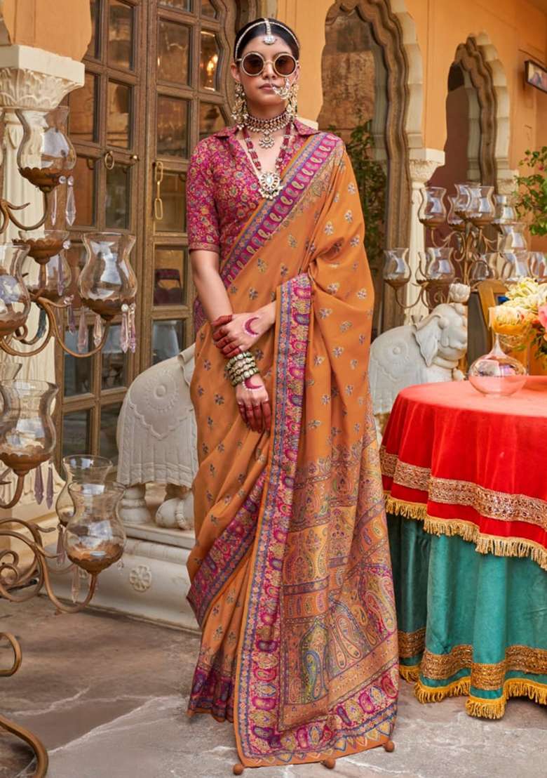 Mustard Printed Silk Blend Saree Set - Indya