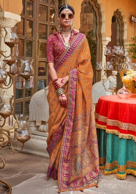Mustard Printed Silk Saree Set