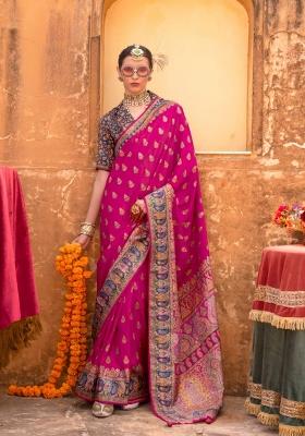 Pink Printed Silk Saree Set