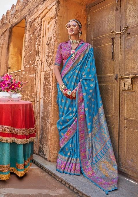 Blue Printed Silk Saree Set