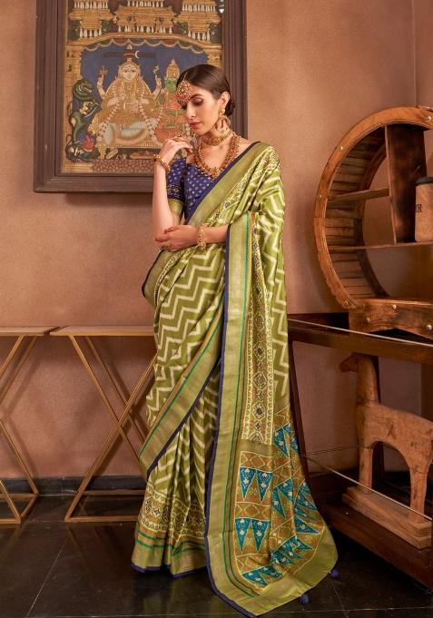 Green Printed Silk Saree Set