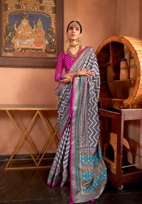 Grey Printed Silk Saree Set