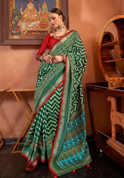 Green Printed Silk Saree Set