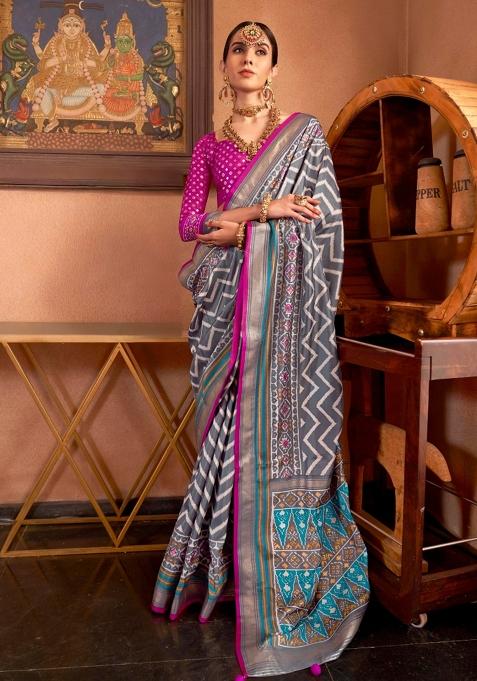 Pink Printed Silk Saree Set