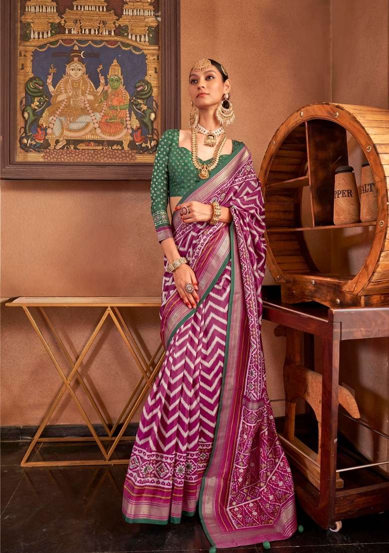 Dark Pink Printed Silk Blend Saree Set - Indya