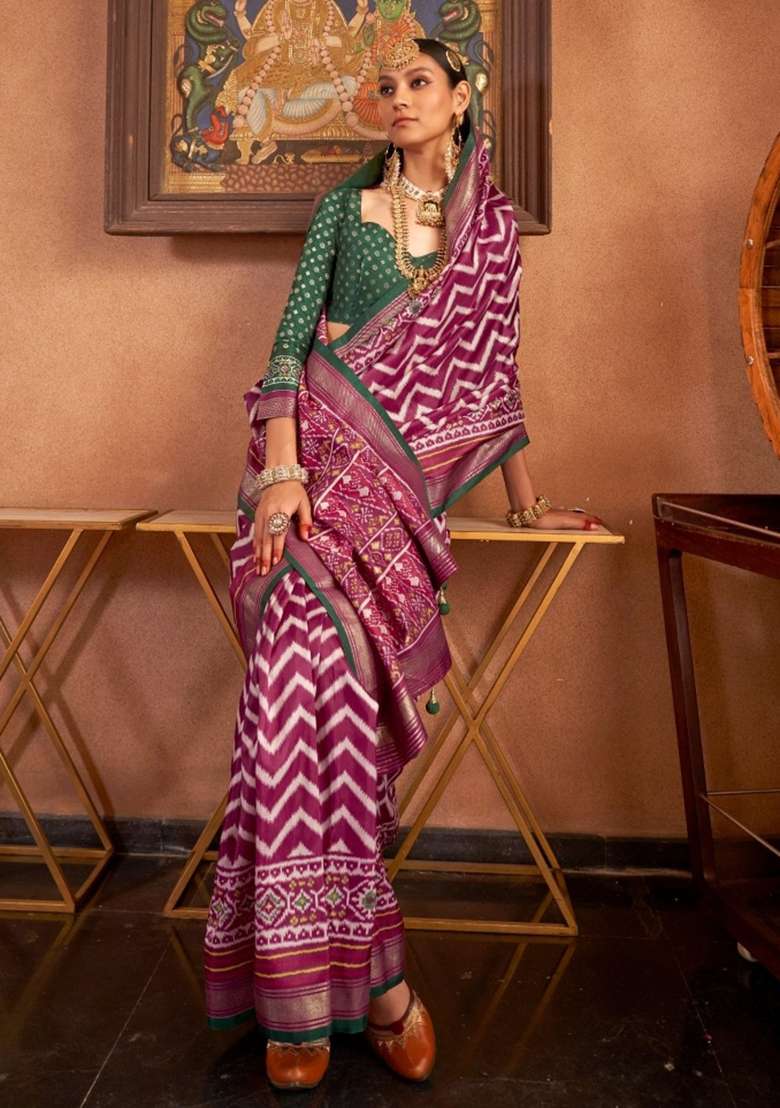 Dark Pink Printed Silk Blend Saree Set - Indya