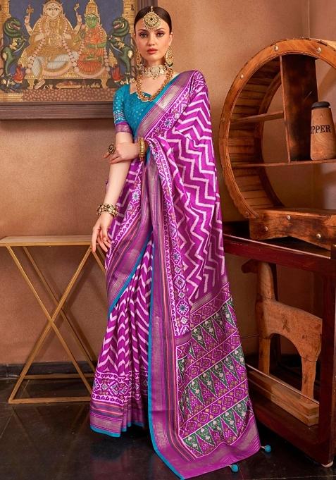 Bold Pink Printed Silk Saree Set