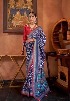 Navy Blue Printed Silk Saree Set