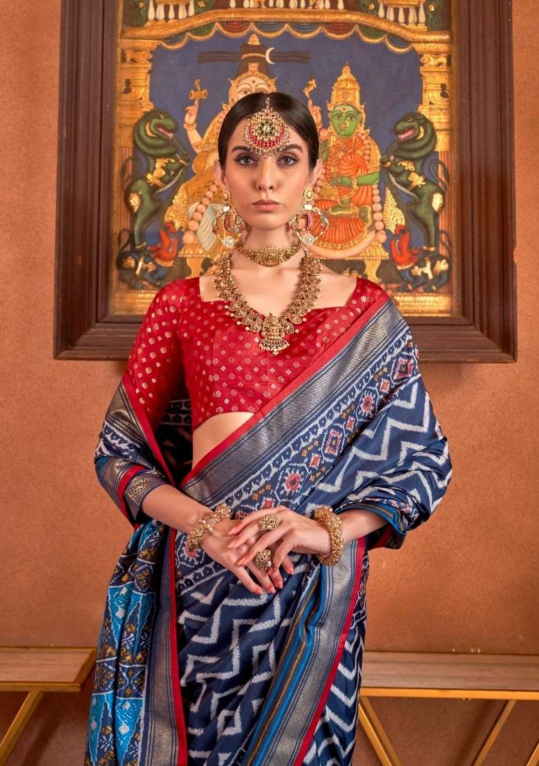 Navy Blue Printed Silk Blend Saree Set - Indya