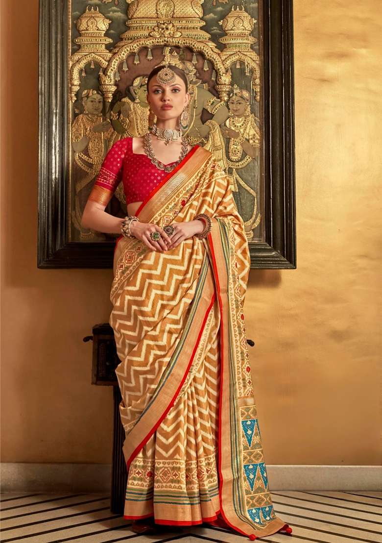 Mustard Printed Silk Blend Saree Set - Indya