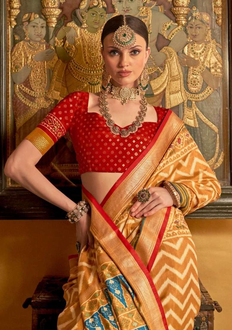 Mustard Printed Silk Blend Saree Set - Indya