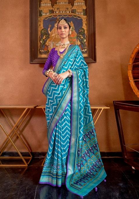 Sky Blue Printed Silk Saree Set