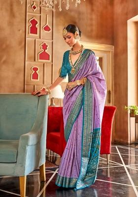 Lavender Printed Silk Saree Set