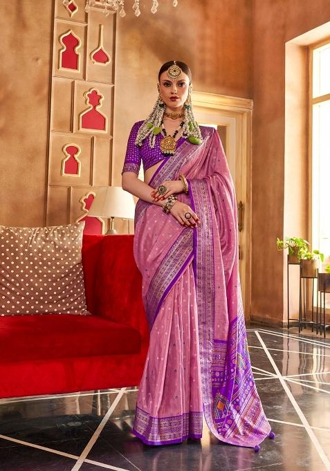 Pink And Purple Printed Silk Saree Set