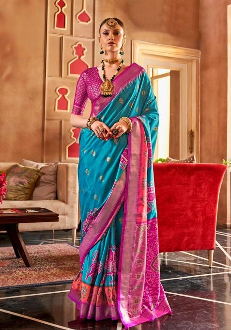 Turquoise Printed Silk Saree Set