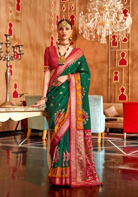 Red And Green Printed Silk Saree Set