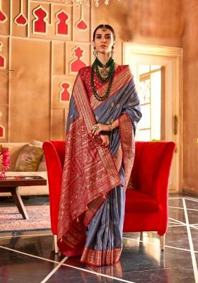 Grey Printed Silk Saree Set