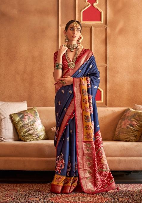 Blue Printed Silk Saree Set