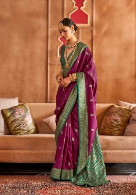 Wine Printed Silk Saree Set