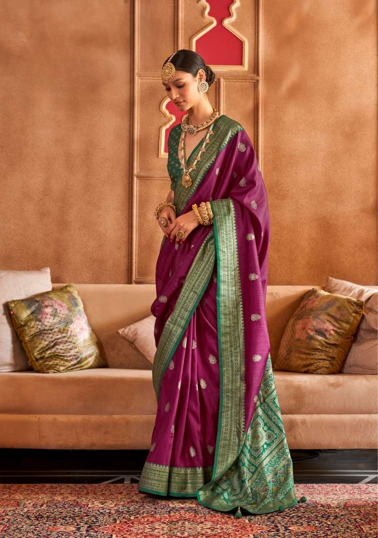 Wine Printed Silk Blend Saree Set - Indya