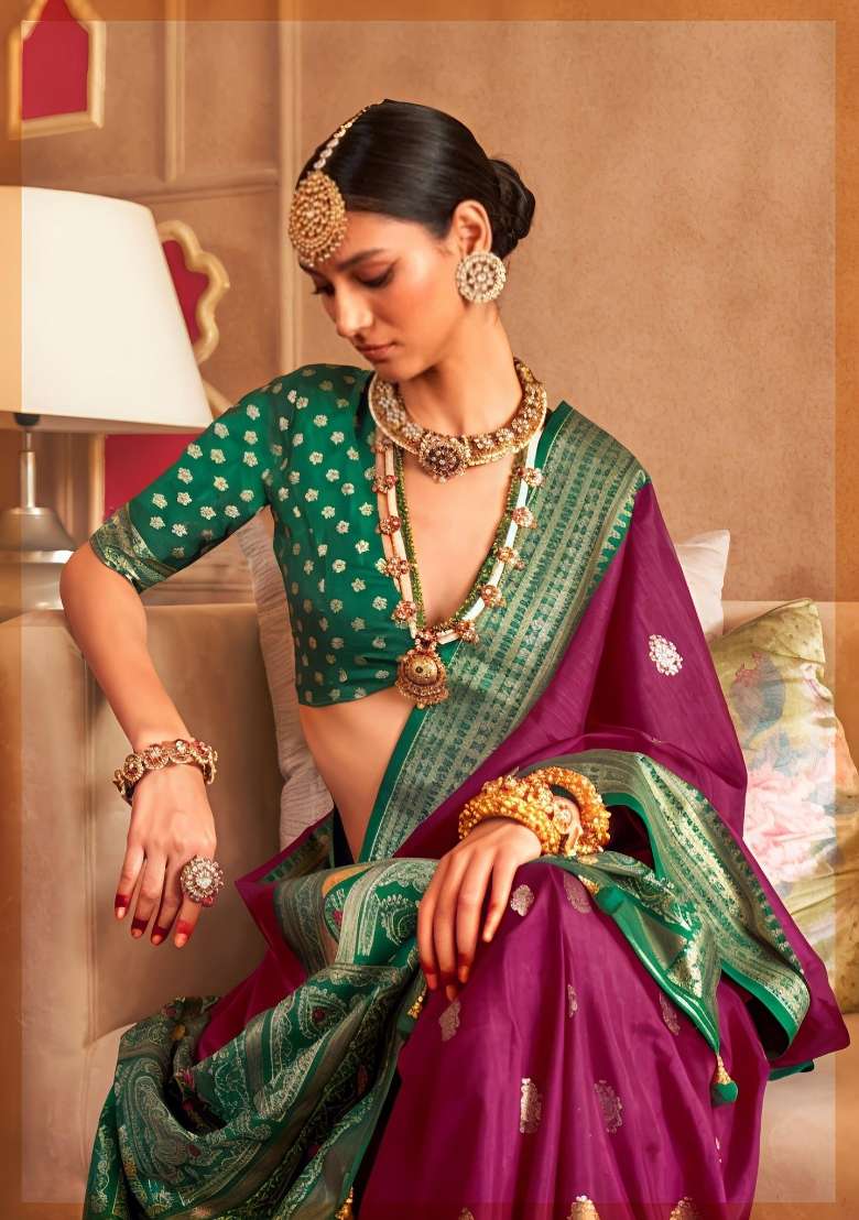 Wine Printed Silk Blend Saree Set - Indya