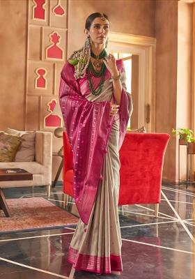 Cream Printed Silk Saree Set