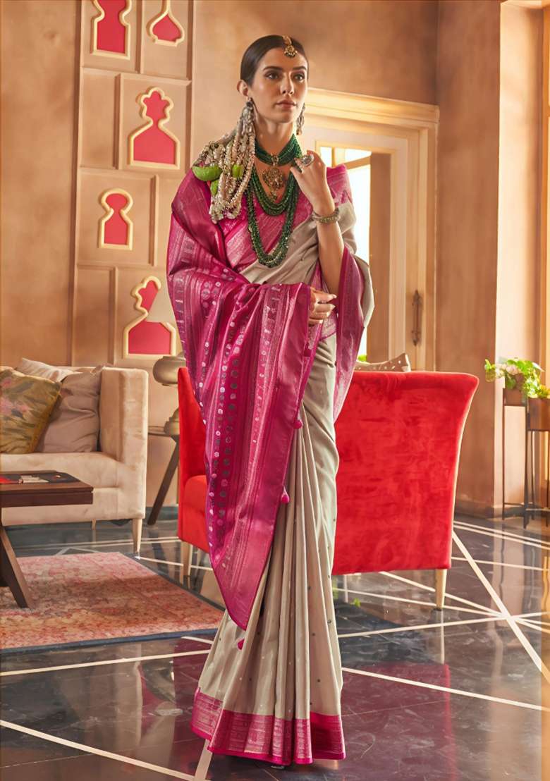 Cream Printed Silk Blend Saree Set - Indya