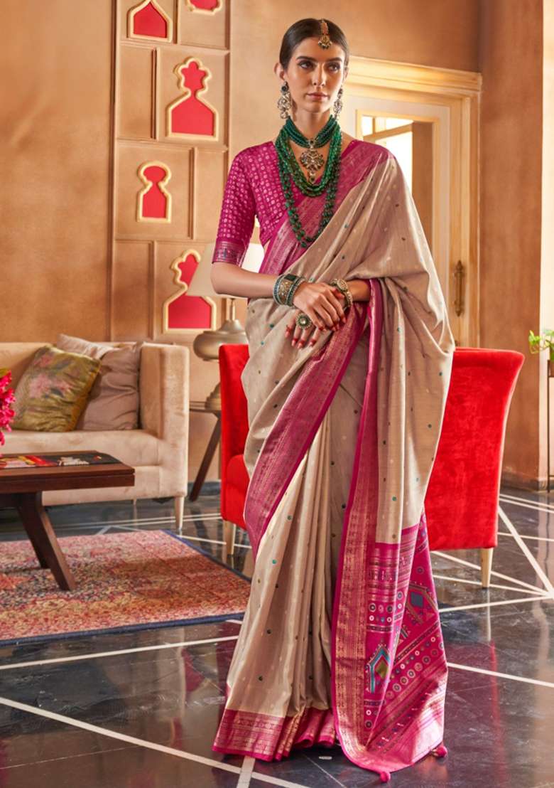 Cream Printed Silk Blend Saree Set - Indya
