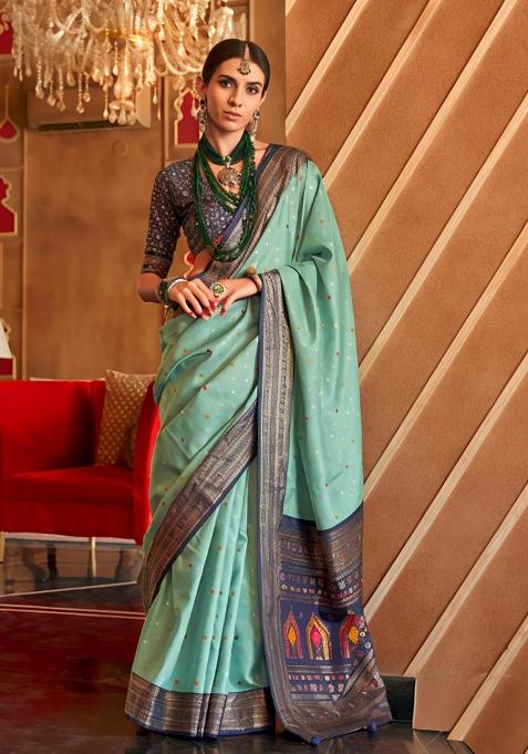 Blue Printed Silk Saree Set