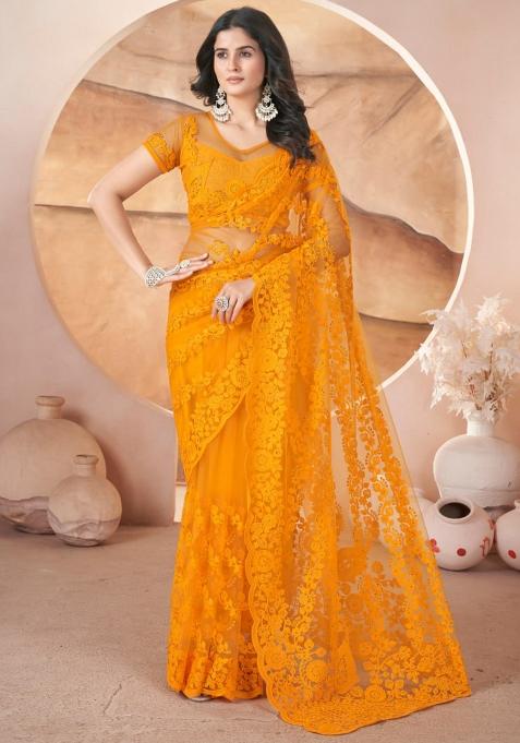 Yellow Embroidery Net Saree