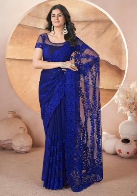 Blue Embroidery Net Saree