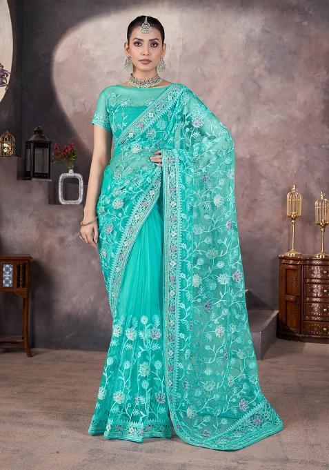 Skyblue Embroidery Net Saree