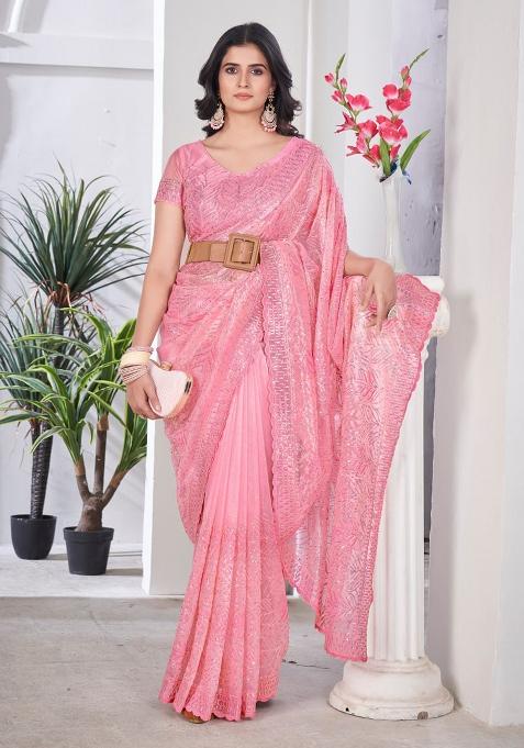 Pink Sequence Work Net Saree