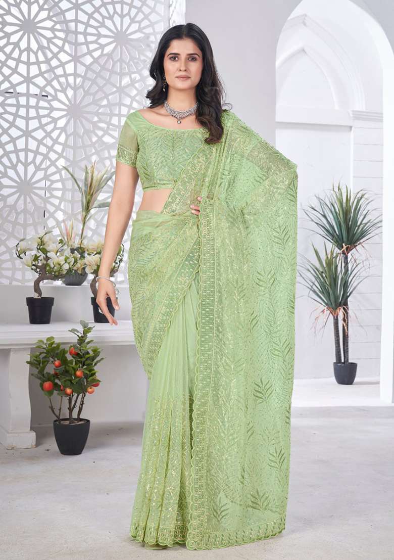 Green Sequence Work Net Saree - Indya
