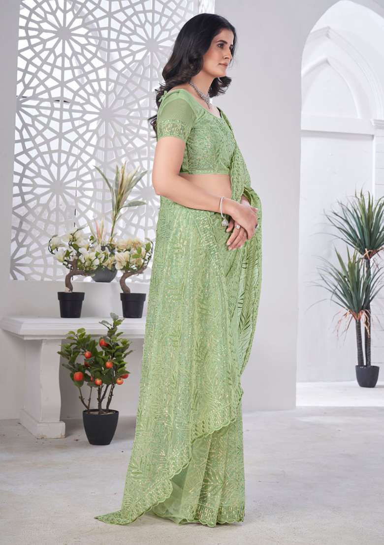 Green Sequence Work Net Saree - Indya