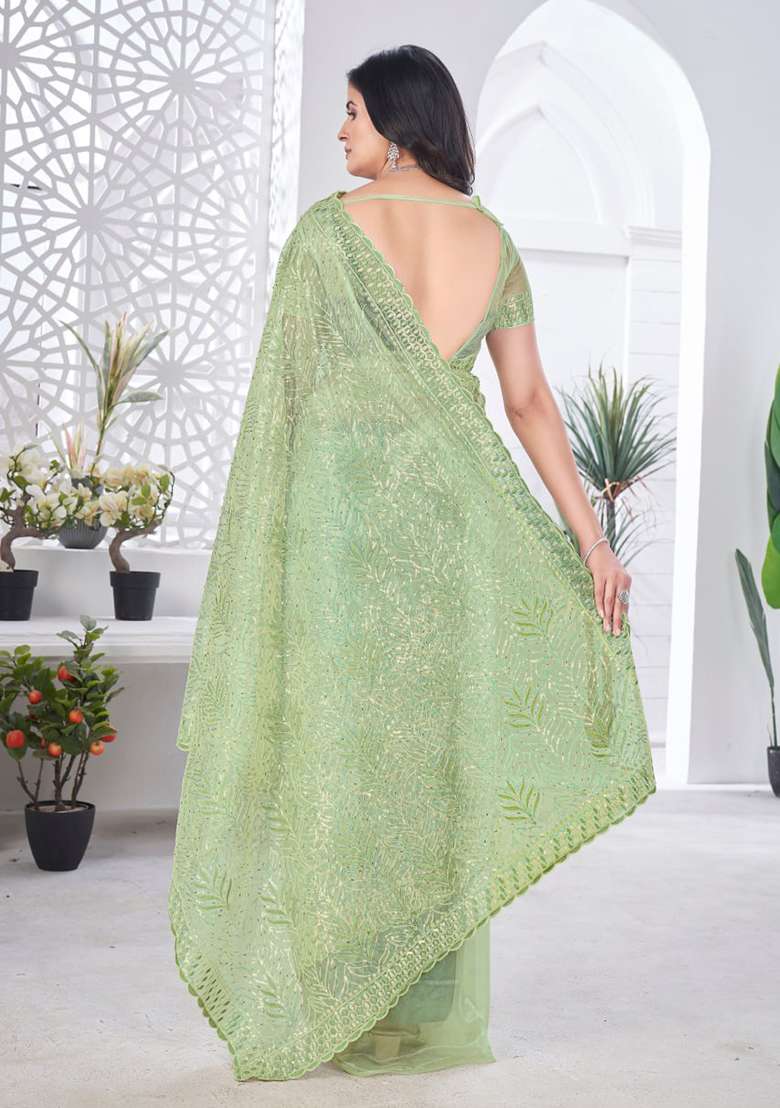 Green Sequence Work Net Saree - Indya