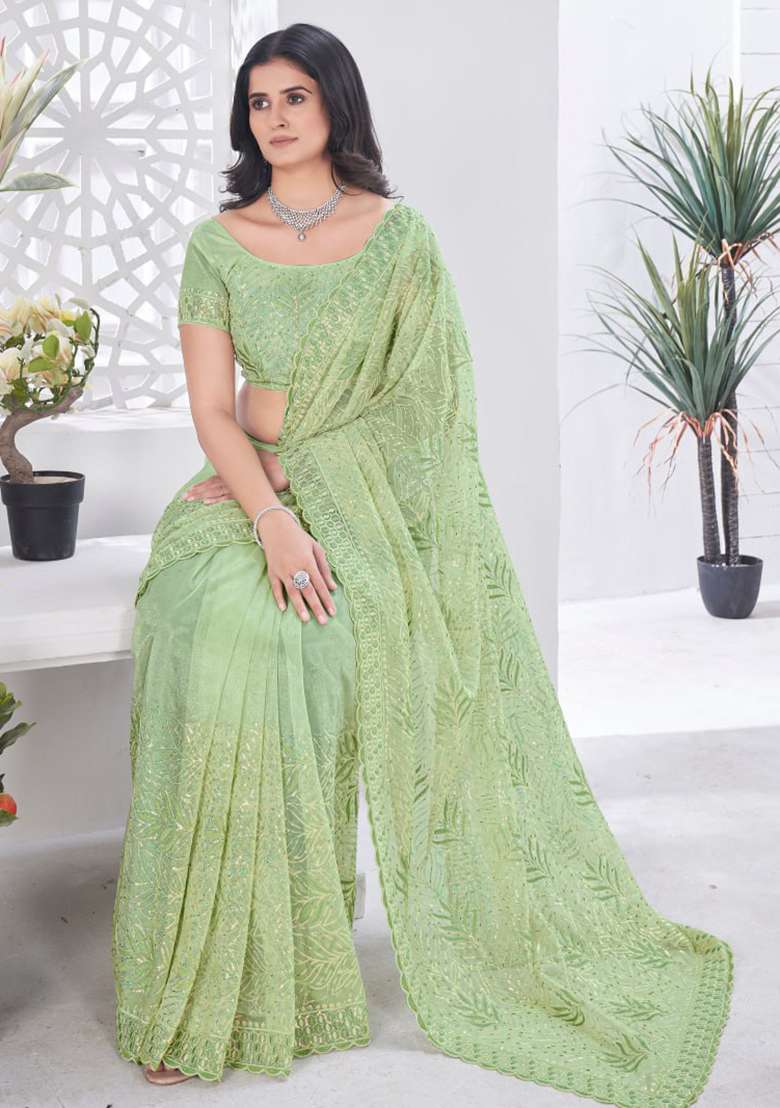 Green Sequence Work Net Saree - Indya