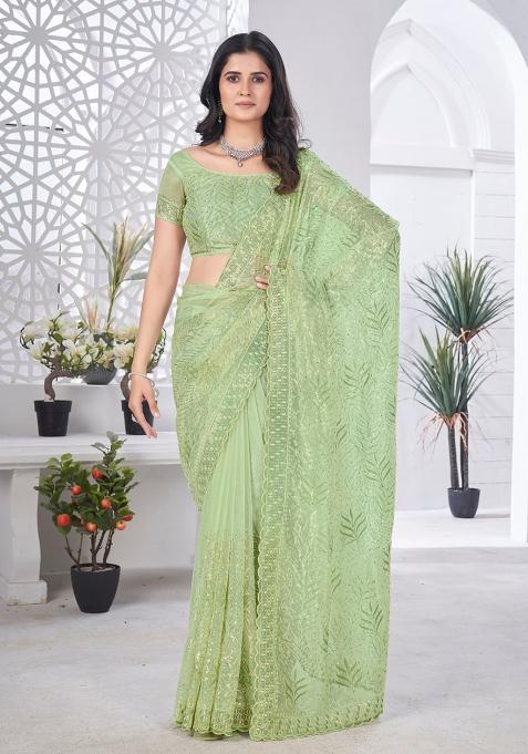 Green Sequence Work Net Saree