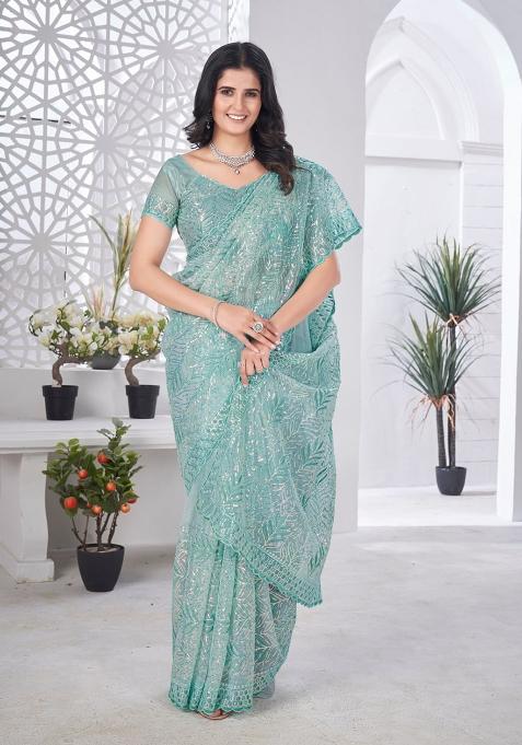 Skyblue Sequence Work Net Saree