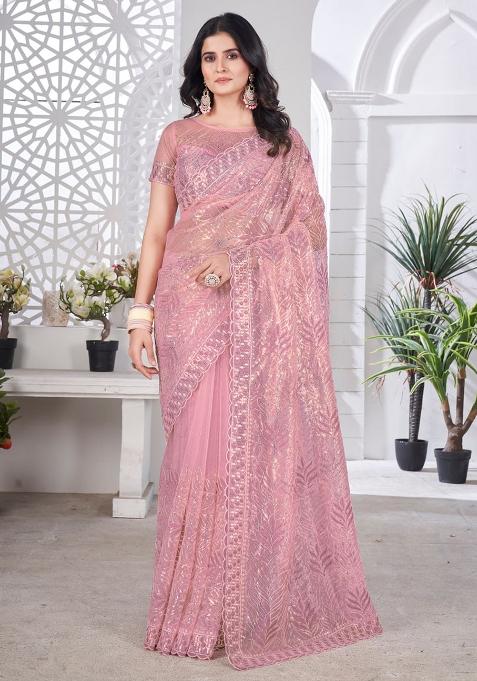 Onionpink Sequence Work Net Saree