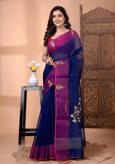 Navy Embroidery Pure Cotton Silk Saree With Blouse