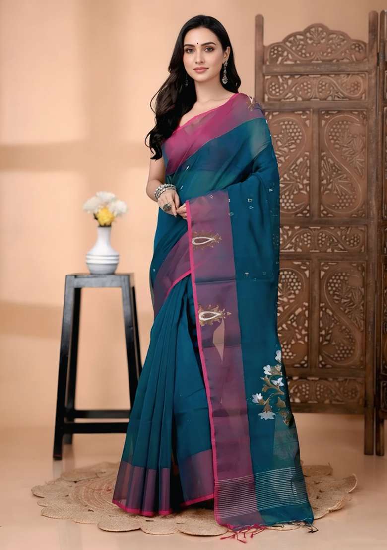 Blue Embroidery Pure Cotton Silk Blend Saree With Blouse - Indya