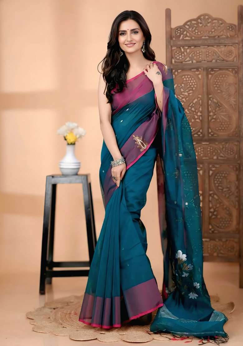 Blue Embroidery Pure Cotton Silk Blend Saree With Blouse - Indya