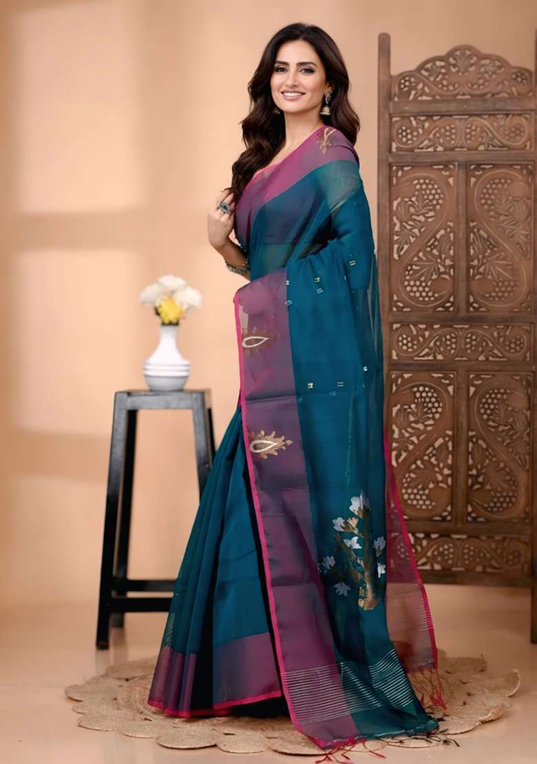 Blue Embroidery Pure Cotton Silk Blend Saree With Blouse - Indya