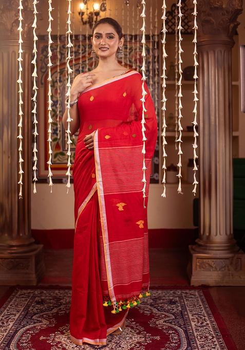 Red Embroidery Pure Cotton Saree