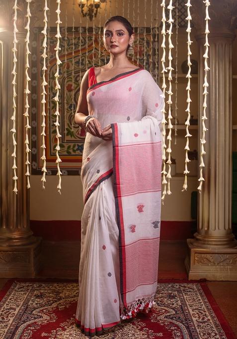 White Embroidery Pure Cotton Saree
