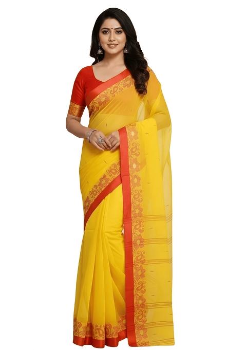 Yellow Embroidery Cotton Blend Saree